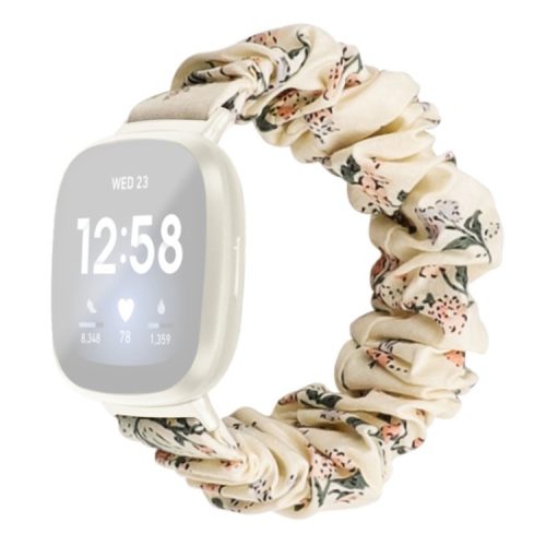 For Fitbit Versa 4 / Sense 2 Elastic Scrunchie Watch Band Fabric Pattern Printed Hair Band Strap Bracelet - Milky White / Honeysuckle