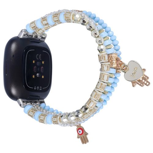 For Fitbit Versa 4 / Sense 2 Beads Series Watch Strap Pearl + Agate Decorated Bracelet Smart Watch Replacement Band for Women Girls - Blue