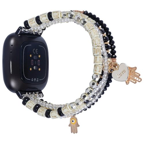 For Fitbit Versa 4 / Sense 2 Beads Series Watch Strap Pearl + Agate Decorated Bracelet Smart Watch Replacement Band for Women Girls - Black