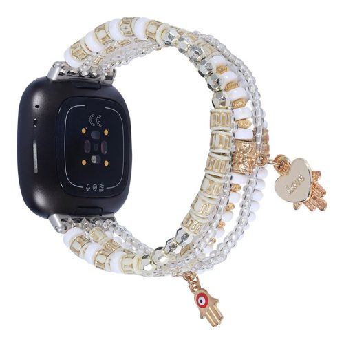 For Fitbit Versa 4 / Sense 2 Beads Series Watch Strap Pearl + Agate Decorated Bracelet Smart Watch Replacement Band for Women Girls - White