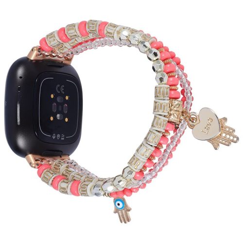 For Fitbit Versa 4 / Sense 2 Beads Series Watch Strap Pearl + Agate Decorated Bracelet Smart Watch Replacement Band for Women Girls - Rose