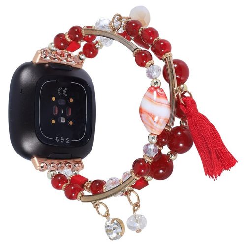 For Fitbit Versa 4 / Sense 2 Beads Series Watch Strap Round Square Beads Bracelet 18mm Smart Watch Band for Women Girls - Red