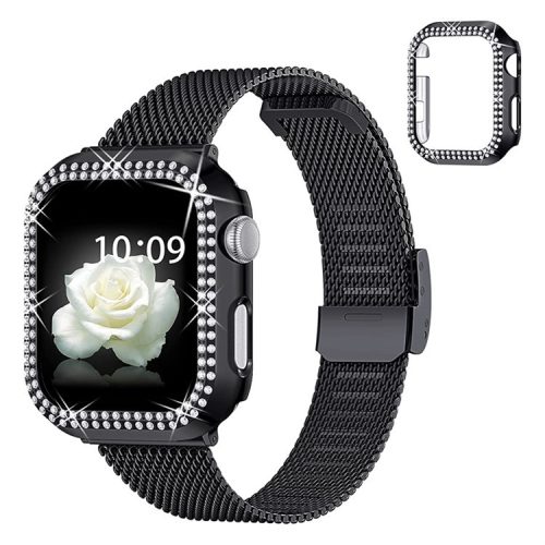 For Apple Watch 1 / 2 / 3 42mm Metal Milanese Watch Strap Quick Release Watch Band Replacement Watchband + PC Watch Case with Dual Row Rhinestone Decoration - Black