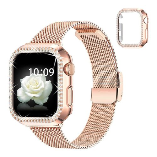 For Apple Watch 1 / 2 / 3 42mm Metal Milanese Watch Strap Quick Release Watch Band Replacement Watchband + PC Watch Case with Dual Row Rhinestone Decoration - Rose Gold