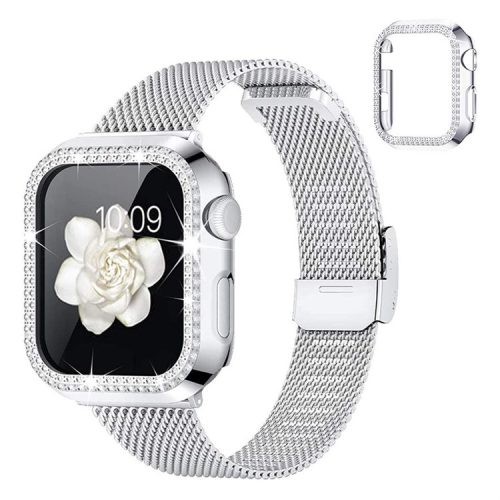 For Apple Watch 1 / 2 / 3 42mm Metal Milanese Watch Strap Quick Release Watch Band Replacement Watchband + PC Watch Case with Dual Row Rhinestone Decoration - Silver