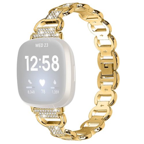 For Fitbit Versa 4 / Sense 2 Quick Release Watch Strap Metal Watchband Rhinestone Decorated Watch Band - Gold