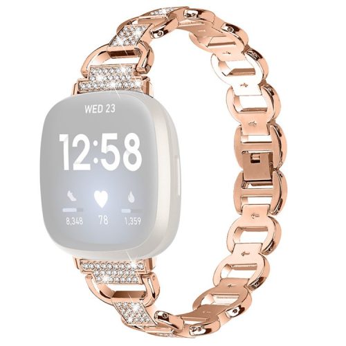 For Fitbit Versa 4 / Sense 2 Quick Release Watch Strap Metal Watchband Rhinestone Decorated Watch Band - Rose Gold