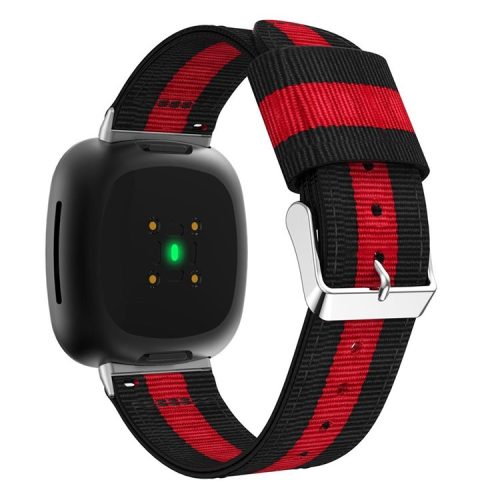 For Fitbit Versa 4 / Sense 2 Nylon Replacement Stripe Band Pink Buckle Adjustable Watch Strap - Black / Red / Black