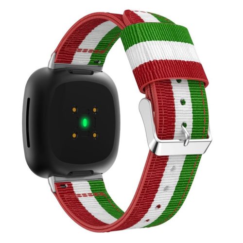 For Fitbit Versa 4 / Sense 2 Nylon Replacement Stripe Band Pink Buckle Adjustable Watch Strap - Green / White / Red