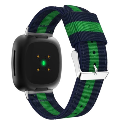 For Fitbit Versa 4 / Sense 2 Nylon Replacement Stripe Band Pink Buckle Adjustable Watch Strap - Blue / Green / Blue