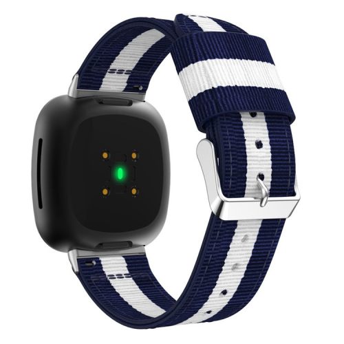 For Fitbit Versa 4 / Sense 2 Nylon Replacement Stripe Band Pink Buckle Adjustable Watch Strap - Blue / White / Blue