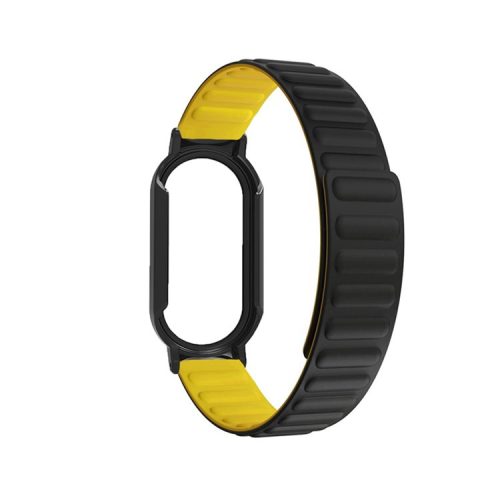 For Xiaomi Mi Band 7 / 7 NFC Silicone Magnetic Watch Band 3 in 1 Replacement Wrist Strap with PC Watch Case  /  Tempered Glass Screen Protector - Black / Yellow