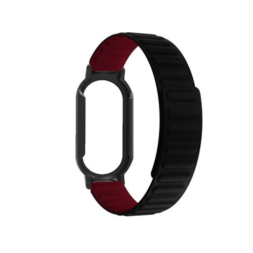 For Xiaomi Mi Band 7 / 7 NFC Silicone Magnetic Watch Band 3 in 1 Replacement Wrist Strap with PC Watch Case  /  Tempered Glass Screen Protector - Black / Wine Red