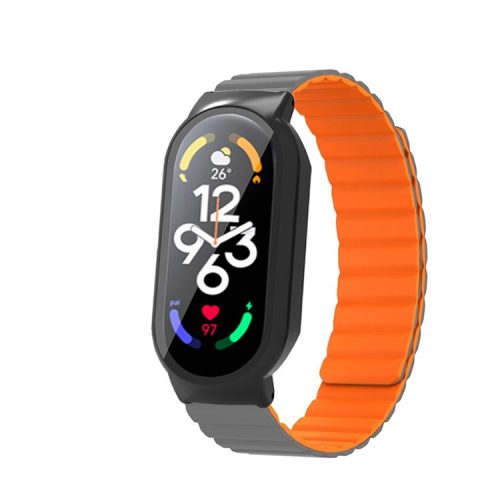 For Xiaomi Mi Band 7 / 7 NFC Silicone Magnetic Watch Band 3 in 1 Replacement Wrist Strap with PC Watch Case  /  Tempered Glass Screen Protector - Grey / Orange