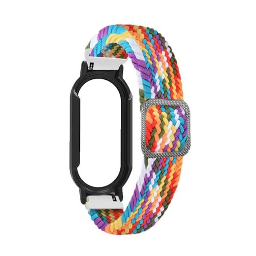 For Xiaomi Mi Band 7 / 7 NFC Elastic Watch Band 3 in 1 Nylon Braided Wrist Strap with PC Watch Case  /  Tempered Glass Screen Protector - Rainbow / Black