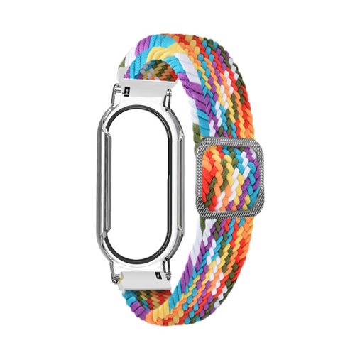 For Xiaomi Mi Band 7 / 7 NFC Elastic Watch Band 3 in 1 Nylon Braided Wrist Strap with PC Watch Case  /  Tempered Glass Screen Protector - Rainbow / Transparent