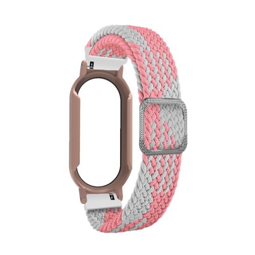 For Xiaomi Mi Band 7 / 7 NFC Elastic Watch Band 3 in 1 Nylon Braided Wrist Strap with PC Watch Case  /  Tempered Glass Screen Protector - White Pink / Pink