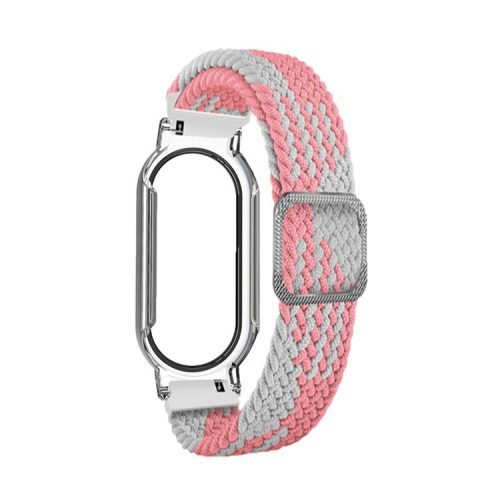 For Xiaomi Mi Band 7 / 7 NFC Elastic Watch Band 3 in 1 Nylon Braided Wrist Strap with PC Watch Case  /  Tempered Glass Screen Protector - White Pink / Transparent