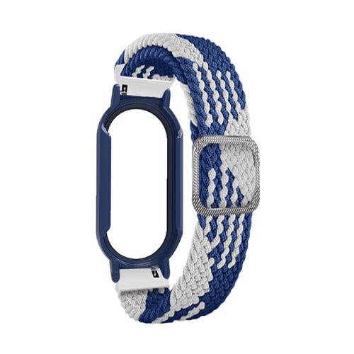 For Xiaomi Mi Band 7 / 7 NFC Elastic Watch Band 3 in 1 Nylon Braided Wrist Strap with PC Watch Case  /  Tempered Glass Screen Protector - Blue White / Blue