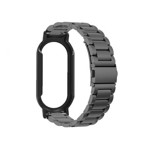 For Xiaomi Mi Band 7 / 7 NFC Anti-explosion Metal Smart Watch Strap Integrated PC Frame+Tempered Glass Protection Film Replacement - Black