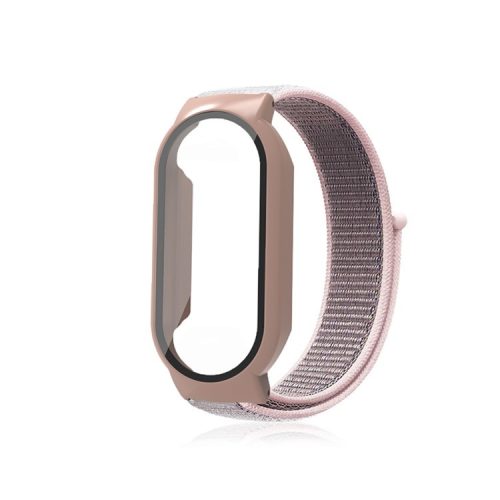 For Xiaomi Mi Band 7  /  7 NFC Nylon Loop Watch Strap 3 in 1 Wrist Band with PC Protective Case and Tempered Glass Screen Protector - Pink / Pink