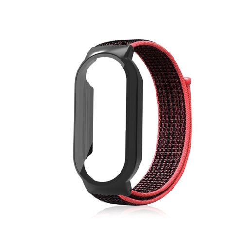 For Xiaomi Mi Band 7  /  7 NFC Nylon Loop Watch Strap 3 in 1 Wrist Band with PC Protective Case and Tempered Glass Screen Protector - Red Black / Black