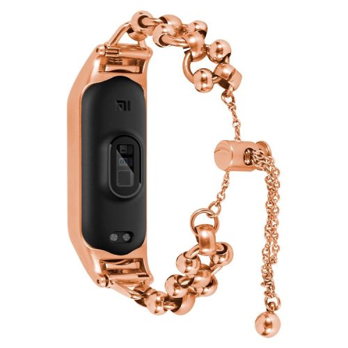 For Xiaomi Mi Band 3 / 4 Watch Strap Metal Bracelet Hollow Out Bead Decor Smartwatch Strap Replacement - Rose Gold