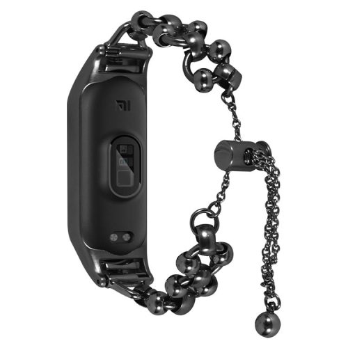 For Xiaomi Mi Band 7 Bead Decor Smartwatch Strap Replacement Hollow Out Watch Strap Metal Bracelet Strap - Black