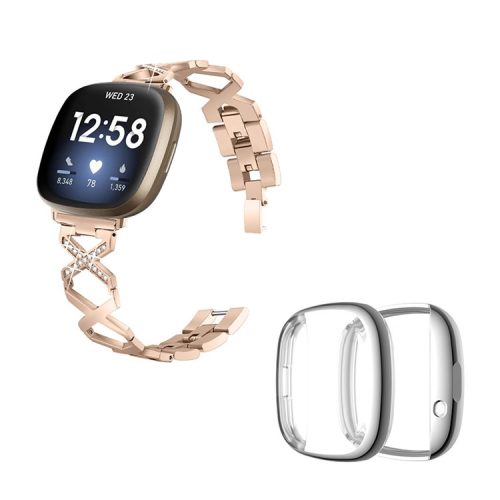 For Fitbit Versa 3 / Sense Rhinestone Decor X-shaped Watch Band Strap Bracelet Replacement with Silver All-round Protection TPU Watch Case - Gold