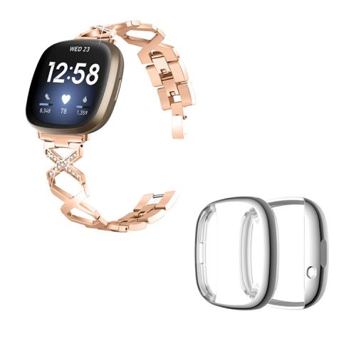 For Fitbit Versa 3 / Sense Rhinestone Decor X-shaped Watch Band Strap Bracelet Replacement with Silver All-round Protection TPU Watch Case - Rose Gold