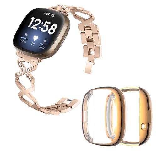 For Fitbit Versa 3 / Sense Watch Band Bracelet X-shaped Hollow Shiny Rhinestone Wrist Strap with Rose Gold Full Cover TPU Watch Case - Gold