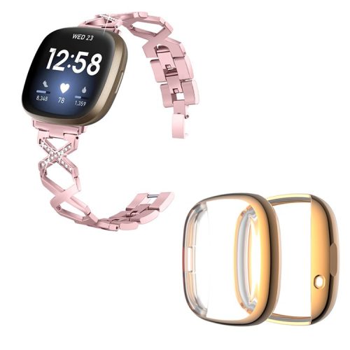 For Fitbit Versa 3 / Sense Watch Band Bracelet X-shaped Hollow Shiny Rhinestone Wrist Strap with Rose Gold Full Cover TPU Watch Case - Rose Pink