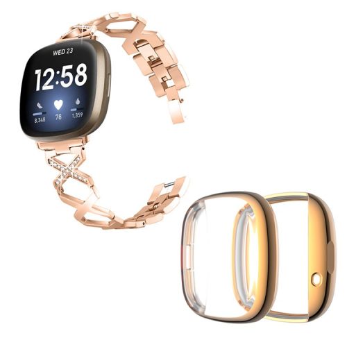 For Fitbit Versa 3 / Sense Watch Band Bracelet X-shaped Hollow Shiny Rhinestone Wrist Strap with Rose Gold Full Cover TPU Watch Case - Rose Gold