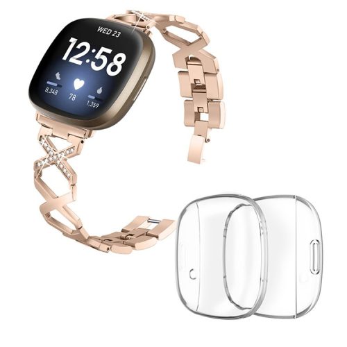 For Fitbit Versa 3 / Sense X-shaped Hollow Watch Band Rhinestone Decor Bracelet Strap with Full Cover Transparent TPU Watch Case - Gold