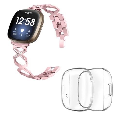 For Fitbit Versa 3 / Sense X-shaped Hollow Watch Band Rhinestone Decor Bracelet Strap with Full Cover Transparent TPU Watch Case - Rose Pink