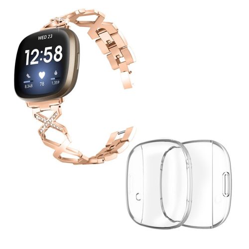 For Fitbit Versa 3 / Sense X-shaped Hollow Watch Band Rhinestone Decor Bracelet Strap with Full Cover Transparent TPU Watch Case - Rose Gold