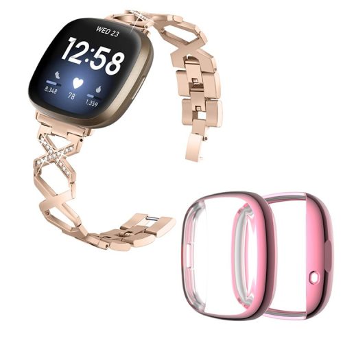 For Fitbit Versa 3 / Sense Rhinestone Decor X-shaped Watch Band Bracelet Replacement Wrist Strap with Rose Pink Full Coverage TPU Watch Case - Gold