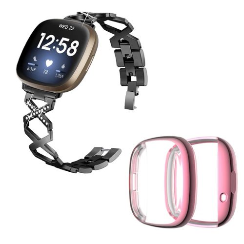 For Fitbit Versa 3 / Sense Rhinestone Decor X-shaped Watch Band Bracelet Replacement Wrist Strap with Rose Pink Full Coverage TPU Watch Case - Black