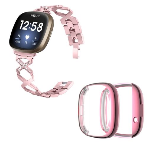 For Fitbit Versa 3 / Sense Rhinestone Decor X-shaped Watch Band Bracelet Replacement Wrist Strap with Rose Pink Full Coverage TPU Watch Case - Rose Pink