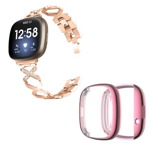 For Fitbit Versa 3 / Sense Rhinestone Decor X-shaped Watch Band Bracelet Replacement Wrist Strap with Rose Pink Full Coverage TPU Watch Case - Rose Gold