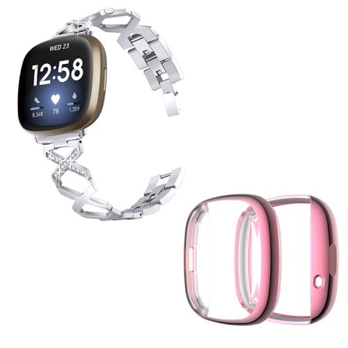 For Fitbit Versa 3 / Sense Rhinestone Decor X-shaped Watch Band Bracelet Replacement Wrist Strap with Rose Pink Full Coverage TPU Watch Case - Silver