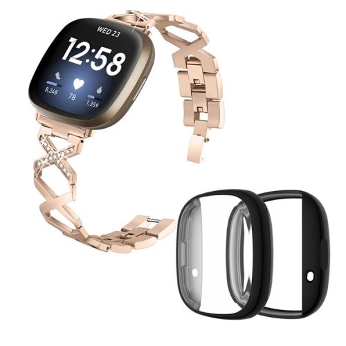 For Fitbit Versa 3 / Sense Replacement Watch Strap X-shaped Hollow Rhinestone Decor Wristband Bracelet with Black Full Protection TPU Watch Case - Gold