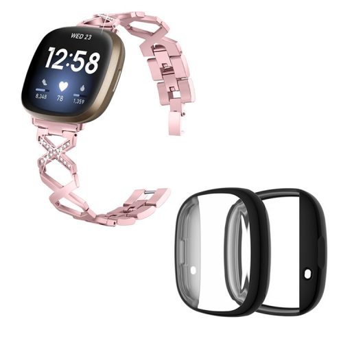 For Fitbit Versa 3 / Sense Replacement Watch Strap X-shaped Hollow Rhinestone Decor Wristband Bracelet with Black Full Protection TPU Watch Case - Rose Pink