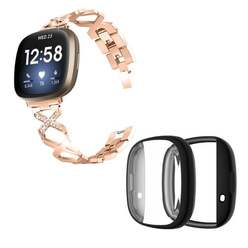 For Fitbit Versa 3 / Sense Replacement Watch Strap X-shaped Hollow Rhinestone Decor Wristband Bracelet with Black Full Protection TPU Watch Case - Rose Gold