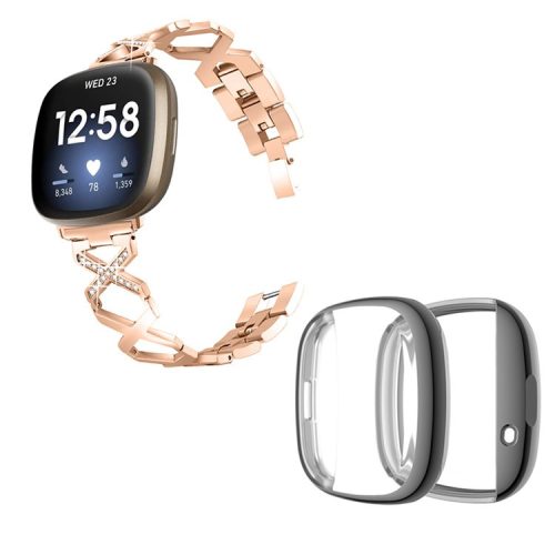 For Fitbit Versa 3 / Sense Watch Band Replacement Rhinestone Decor X-shaped Hollow Bracelet Strap with Grey Full Cover TPU Watch Case - Rose Gold