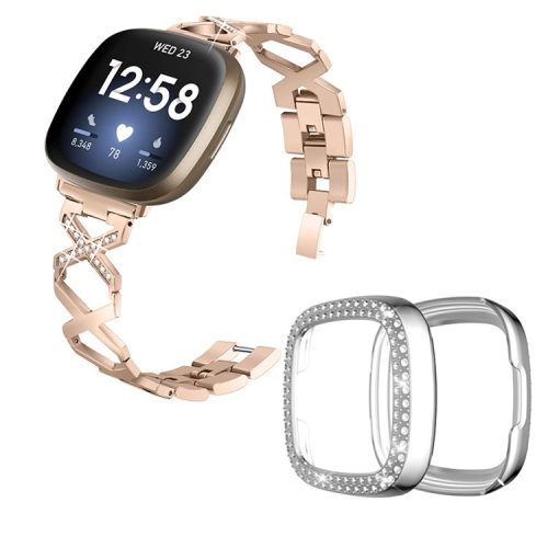 For Fitbit Versa 3 / Sense Stylish X-Shape Design Stainless Steel Bracelet Wrist Strap + Two Row Rhinestones Silver Watch Case - Gold