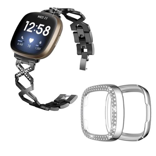 For Fitbit Versa 3 / Sense Stylish X-Shape Design Stainless Steel Bracelet Wrist Strap + Two Row Rhinestones Silver Watch Case - Black