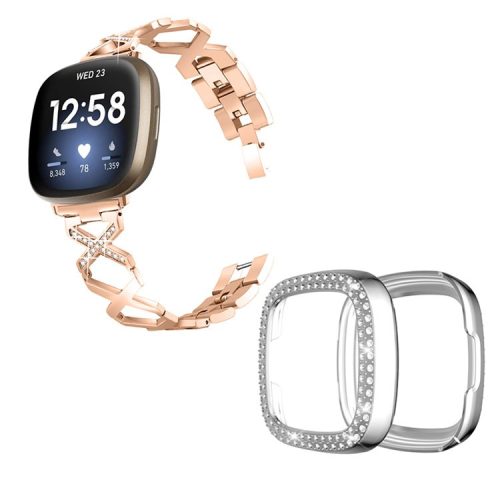 For Fitbit Versa 3 / Sense Stylish X-Shape Design Stainless Steel Bracelet Wrist Strap + Two Row Rhinestones Silver Watch Case - Rose Gold