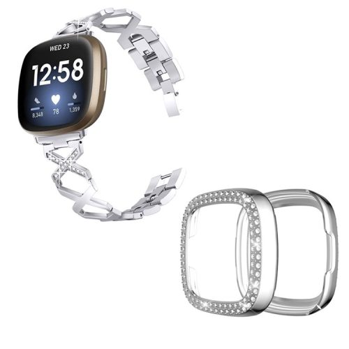 For Fitbit Versa 3 / Sense Stylish X-Shape Design Stainless Steel Bracelet Wrist Strap + Two Row Rhinestones Silver Watch Case - Silver