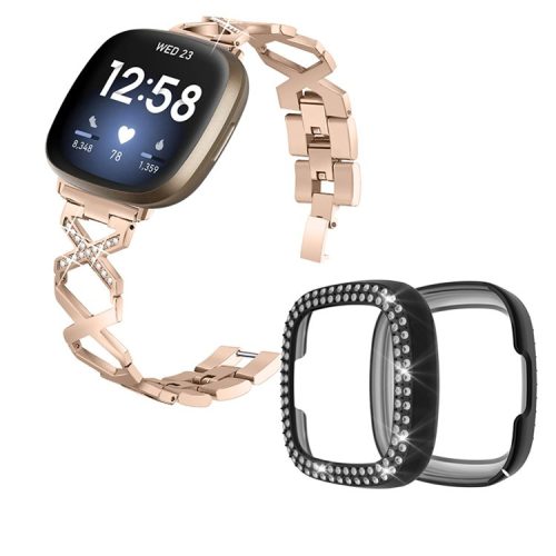 For Fitbit Versa 3 / Sense Stylish X-Shape Design Stainless Steel Smartwatch Wrist Strap + Two Row Rhinestones Black Protective Case - Gold